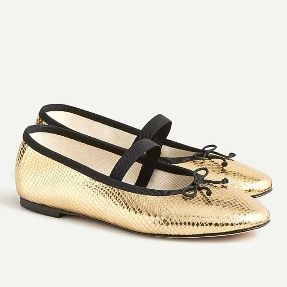 J. Crew Zoe Strappy Flats in Snake-embossed Gold Leather Women's 7.5 $148 BT899